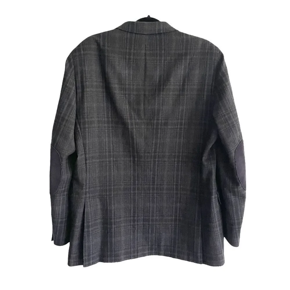 COPPLEY Wool Plaid Blazer Jacket Corduroy Elbow Patches Blue 42L